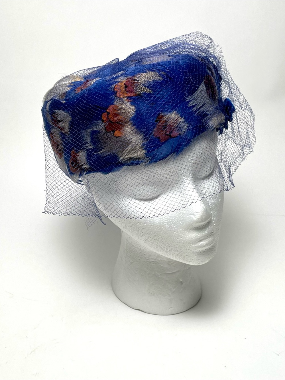 Vtg 50s 60s Marie Duval Feather Pillbox Hat Blue Birdcage Veil Cocktail Toque 22